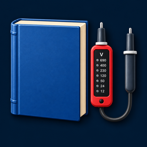 Blue study book and red two-pole voltage tester